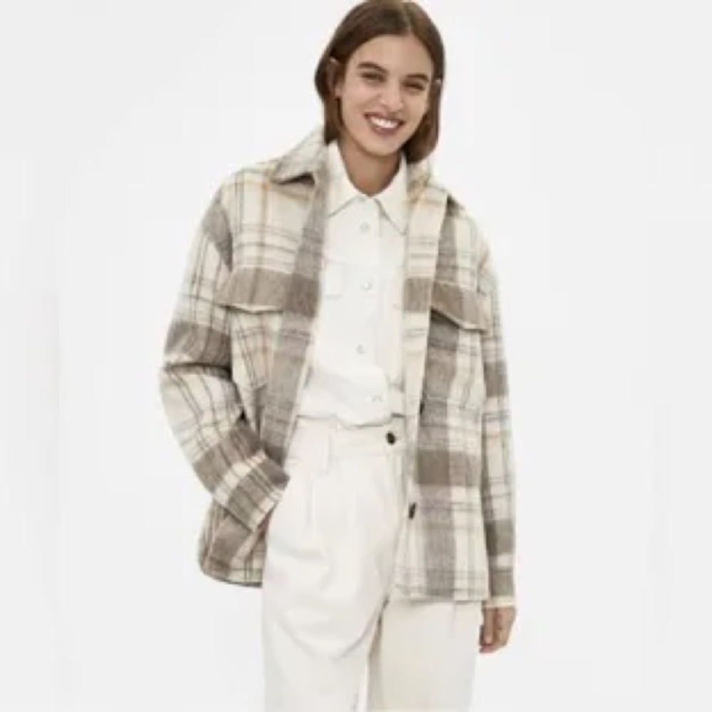 Zara Cream and Beige Flannel Plaid Shacket Bloggers Favorite Over Shirt